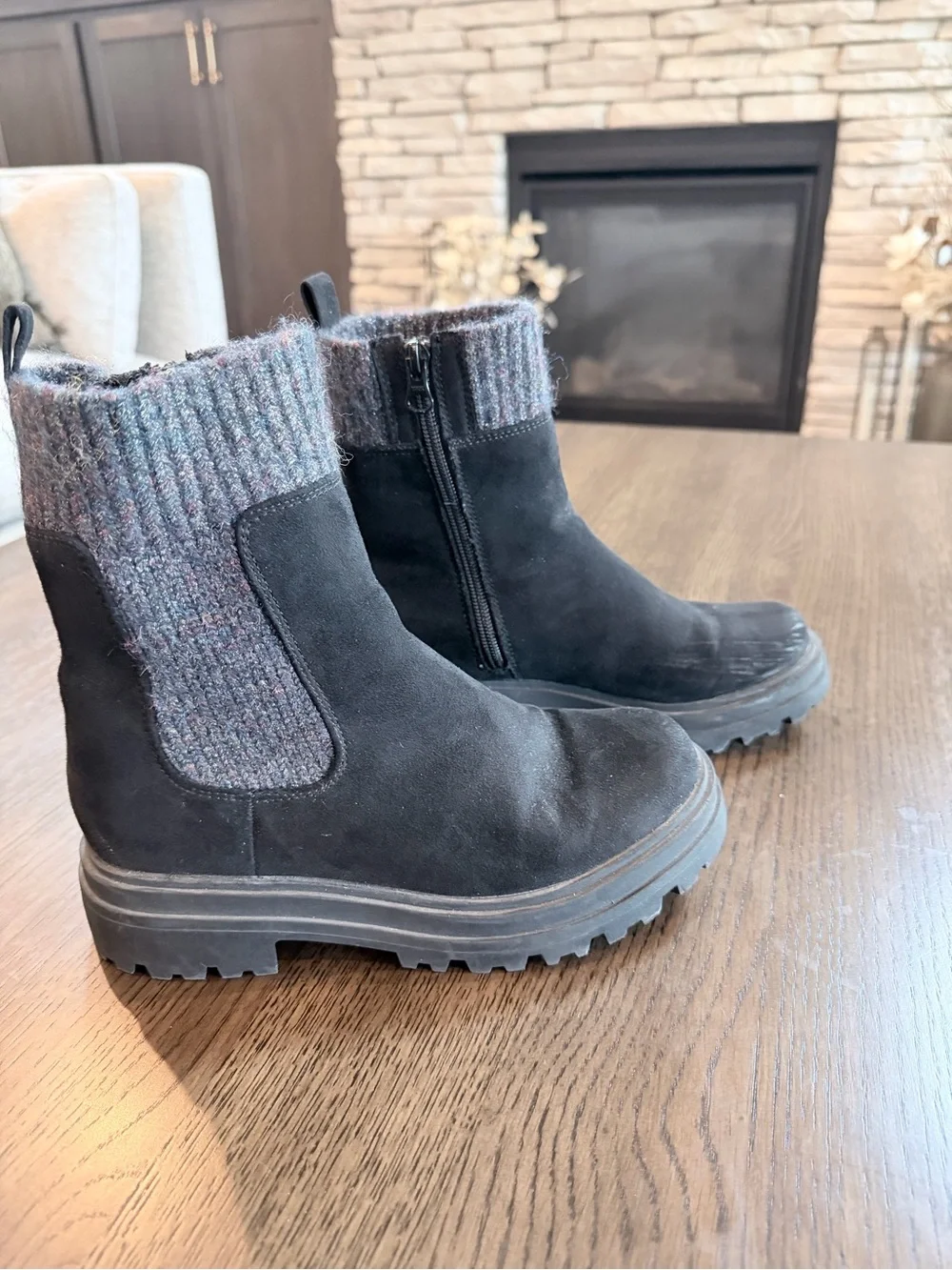 Kids Size 2 Black Suede Ankle Boots with Knit Cuff